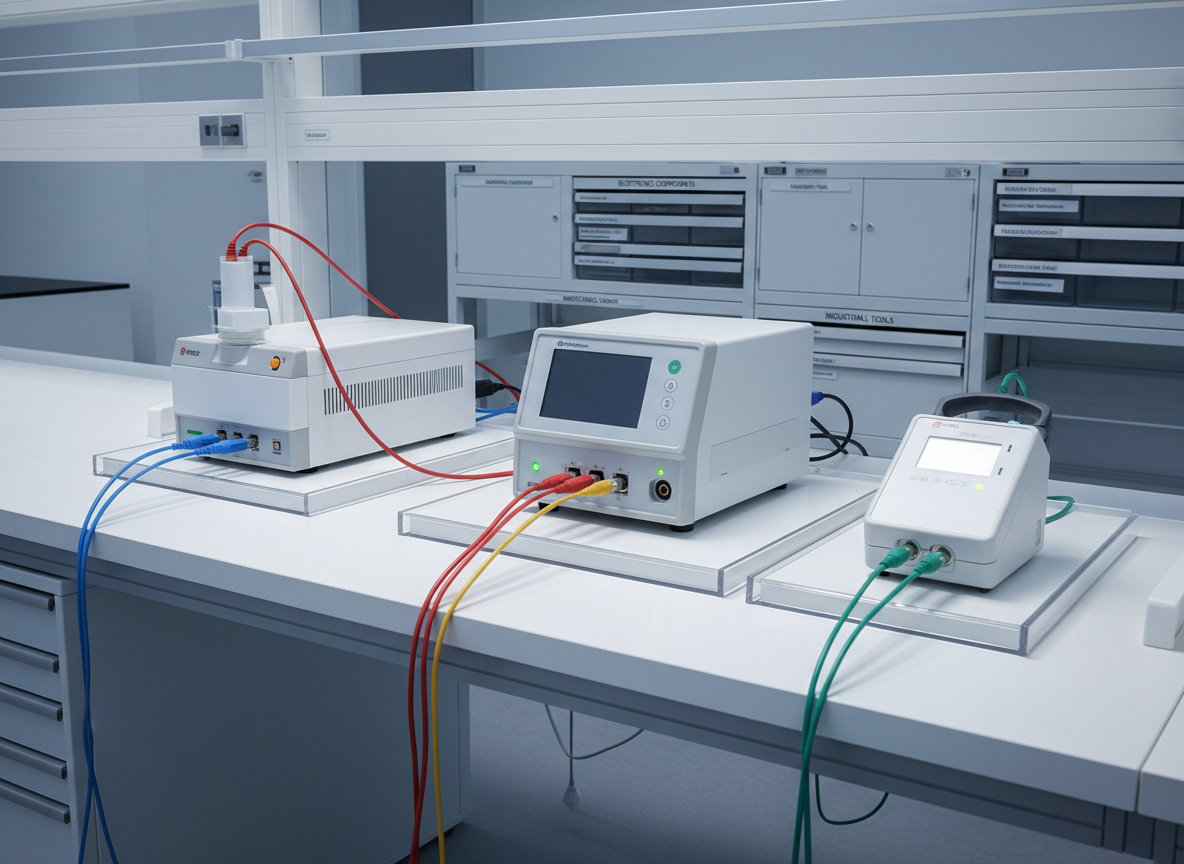 A modern biomedical equipment testing bench centered around a digital calibration analyzer connected to a ventilator and defibrillator, all in pristine white and light gray housings. Each device’s status lights glow softly green, with cables color-coded and aligned in parallel runs along cable trays. The bench is framed by modular storage with clearly labeled drawers for electronic components and industrial tools. Cool, even laboratory lighting from above produces precise highlights on plastic and brushed metal surfaces, with subtle shadows that define structure without clutter. Captured from a slightly elevated angle using the rule of thirds, the scene has a calm, methodical atmosphere and a clean, corporate photographic style that communicates rigor and control in maintenance biomédicale.