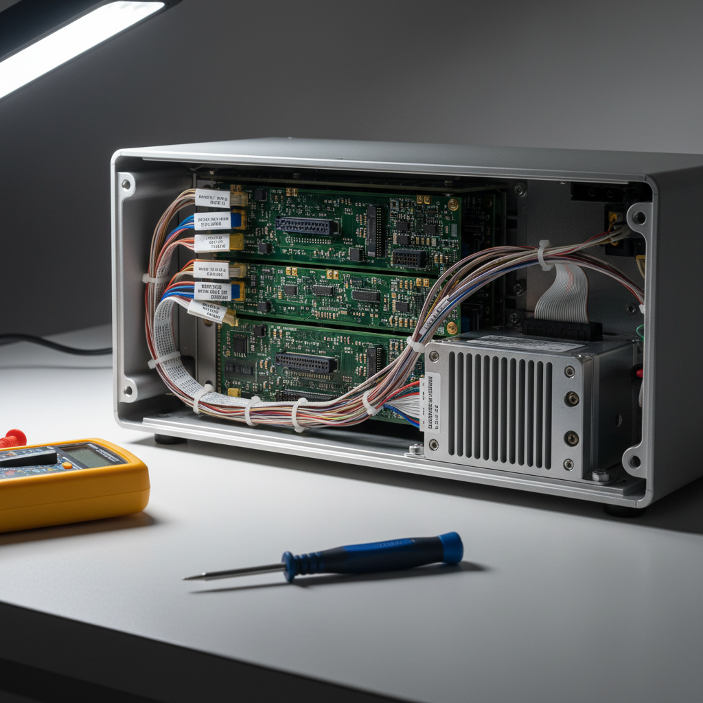 A close-up, detailed view of an open medical imaging device control panel, revealing meticulously organized PCBs with green solder masks, gold-plated connectors, and precisely routed copper traces. Ribbon cables and harnesses are neatly bound with labeled tags, leading to a compact industrial computer module mounted on a brushed aluminum frame. The device rests on a clean, light-gray maintenance table with a digital multimeter and ESD-safe screwdriver aligned parallel at the edge. Directional, cool LED task lighting from the upper left accentuates textures of components and creates delicate, technical shadows between capacitors and connectors. Shot with a shallow depth of field and tight framing, the image emphasizes craftsmanship, reliability, and precision in diagnostics and repair, with a modern, photographic corporate style.