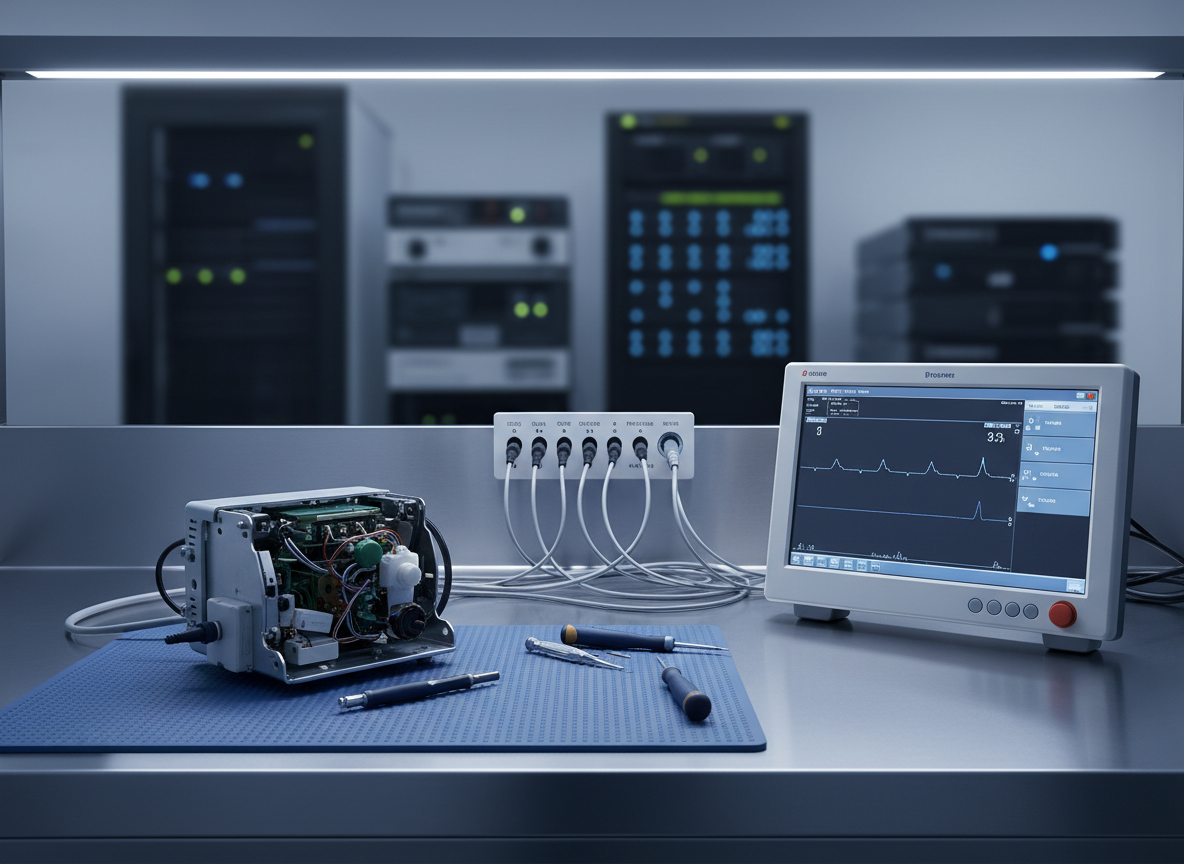 A sleek biomedical maintenance laboratory workstation featuring an open medical infusion pump, a patient monitor with neutral blue and gray interface graphics, and neatly arranged precision tools on an anti-static mat. The stainless steel surface is immaculate, with cable harnesses routed in orderly paths toward a labeled testing hub. Soft, diffused overhead LED lighting creates minimal reflections and gentle shadows, emphasizing clean lines and technical detail. In the background, blurred server racks and diagnostic equipment suggest integrated electronic and IT systems. Shot at eye level with a slightly wide angle and sharp focus throughout, the composition follows a balanced, corporate layout. The photographic realism and neutral tones convey reliability, professionalism, and high-end engineering expertise.