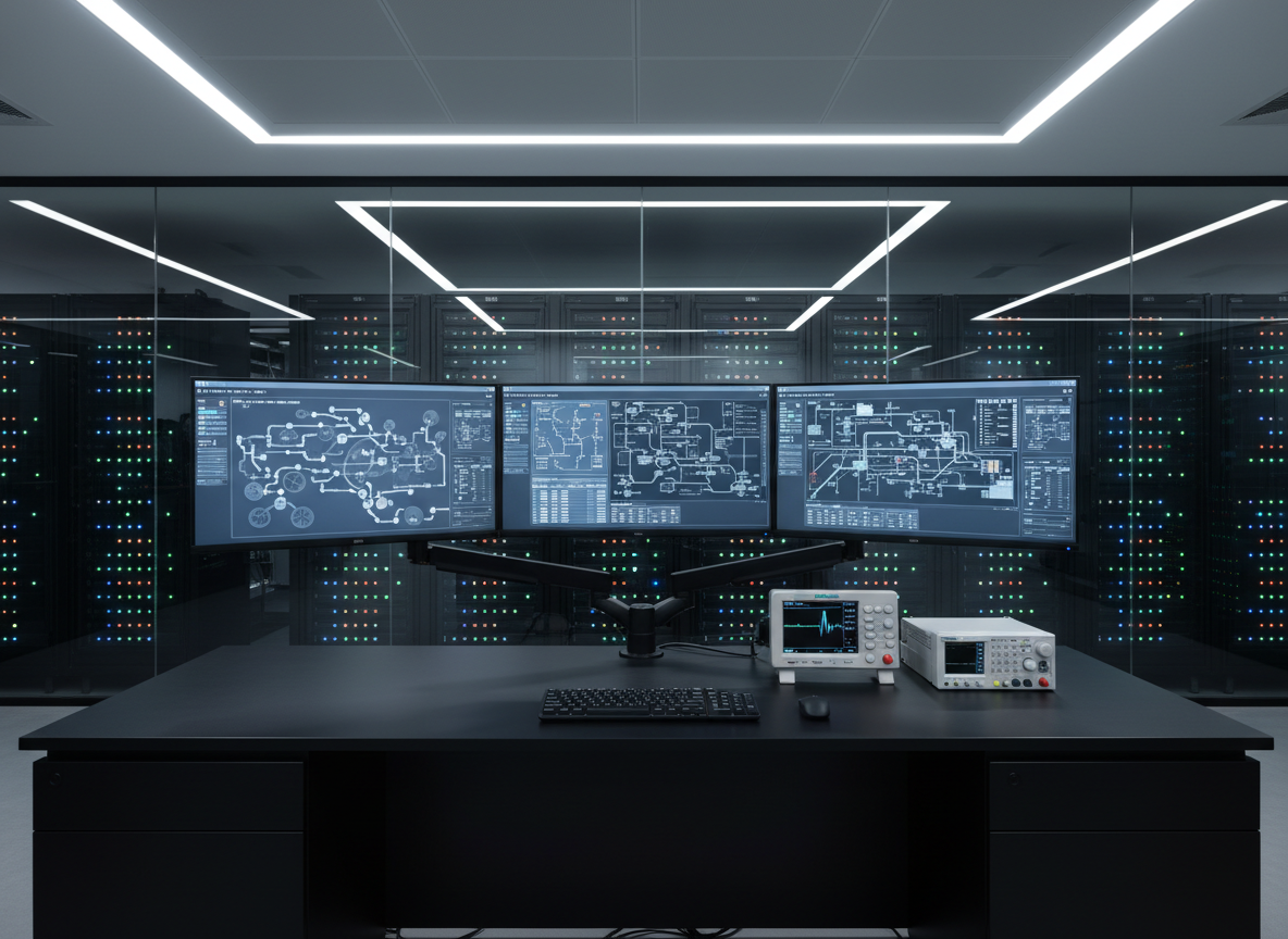 A high-tech control room for biomedical and industrial systems, anchored by a wide, matte-black desk supporting three large monitors displaying schematic diagrams, maintenance dashboards, and network topologies in muted blues and grays. A compact oscilloscope, logic analyzer, and industrial PLC module are neatly aligned beside a slim keyboard. Behind, a glass wall reveals softly blurred equipment racks with indicator LEDs, all aligned in straight, orderly rows. Cool white indirect LED lighting from ceiling coves creates a uniform glow, reducing glare on screens while casting crisp, controlled shadows. Photographed from a slightly off-center, eye-level perspective, the composition is symmetrical yet dynamic, with photographic realism and a structured, corporate aesthetic that highlights integrated electronic, industrial, and IT engineering.